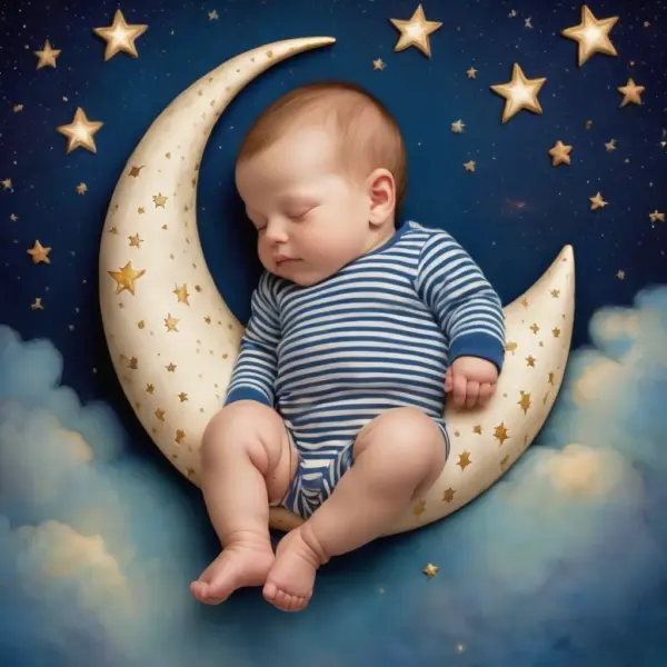 baby boy in striped pajamas sleeping sitting on a crescent moon 01