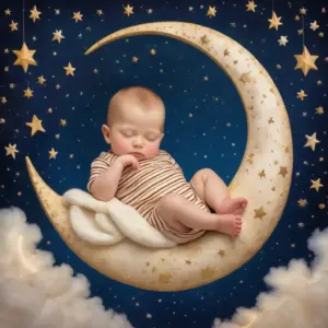 baby boy in striped pajamas sleeping sitting on a crescent moon 02