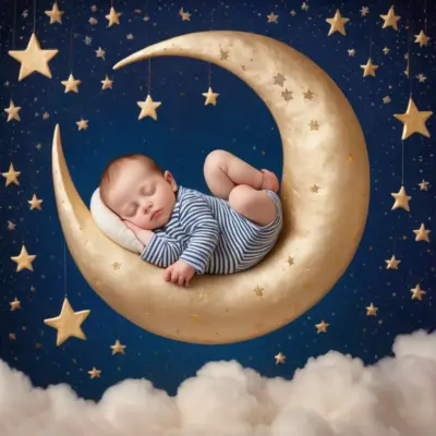 baby boy in striped pajamas sleeping sitting on a crescent moon 03