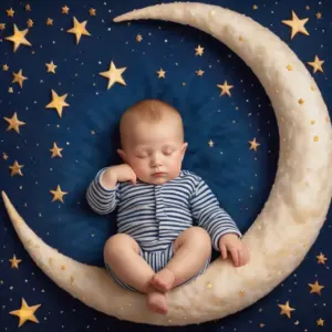baby boy in striped pajamas sleeping sitting on a crescent moon 04