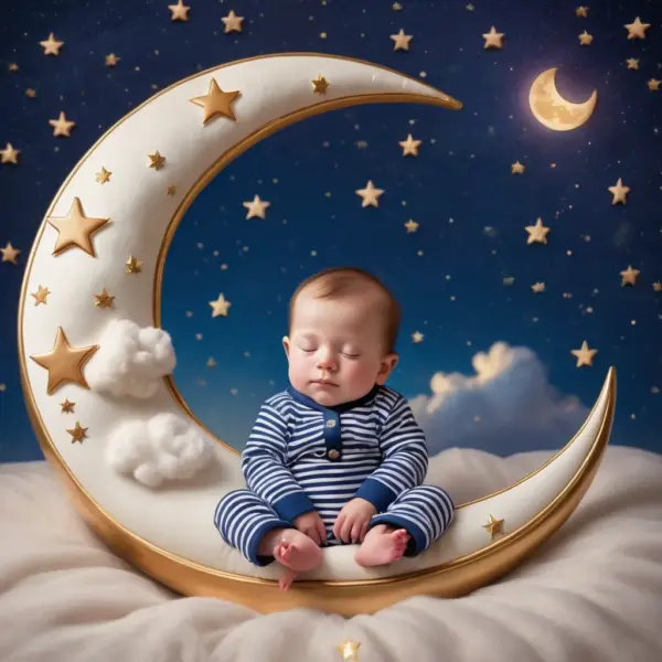 baby boy in striped pajamas sleeping sitting on a crescent moon 05
