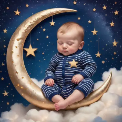 baby boy in striped pajamas sleeping sitting on a crescent moon 06