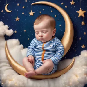 baby boy in striped pajamas sleeping sitting on a crescent moon 07
