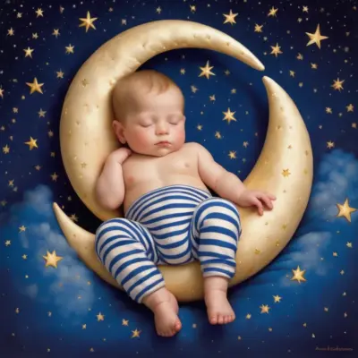 baby boy in striped pajamas sleeping sitting on a crescent moon 08