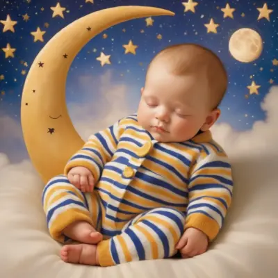 baby boy in striped pajamas sleeping sitting on a crescent moon 09