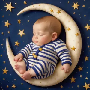 baby boy in striped pajamas sleeping sitting on a crescent moon 10