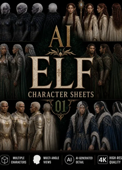 AI Elf Character Sheets 01 square product cover with multiple character angles
