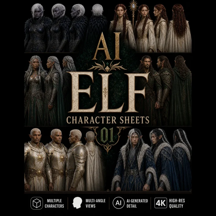 AI Elf Character Sheets 01 square product cover with multiple character angles