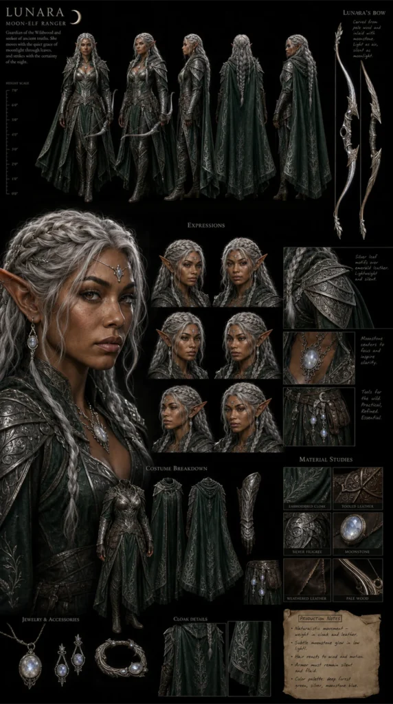 Cinematic AI Elf Character Sheet 01 – Female Elf
