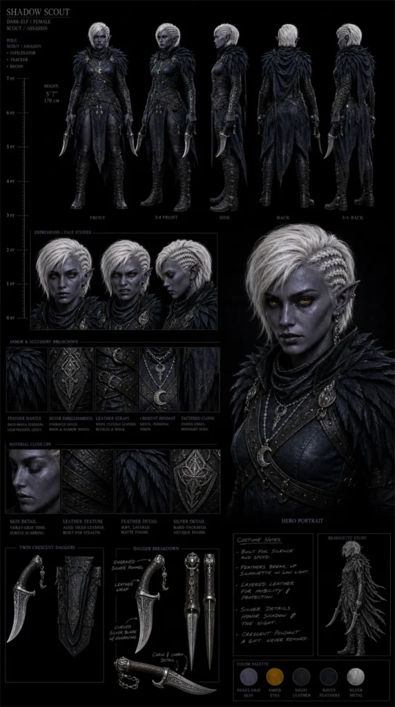 Cinematic AI Elf Character Sheet 03 – Female Elf