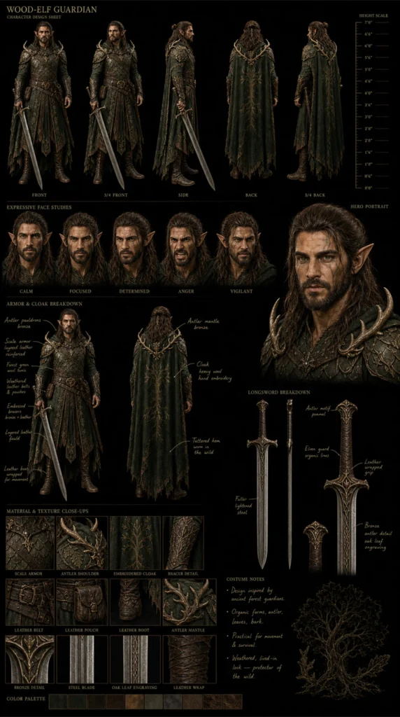 Cinematic AI Elf Character Sheet 04 – Male Elf