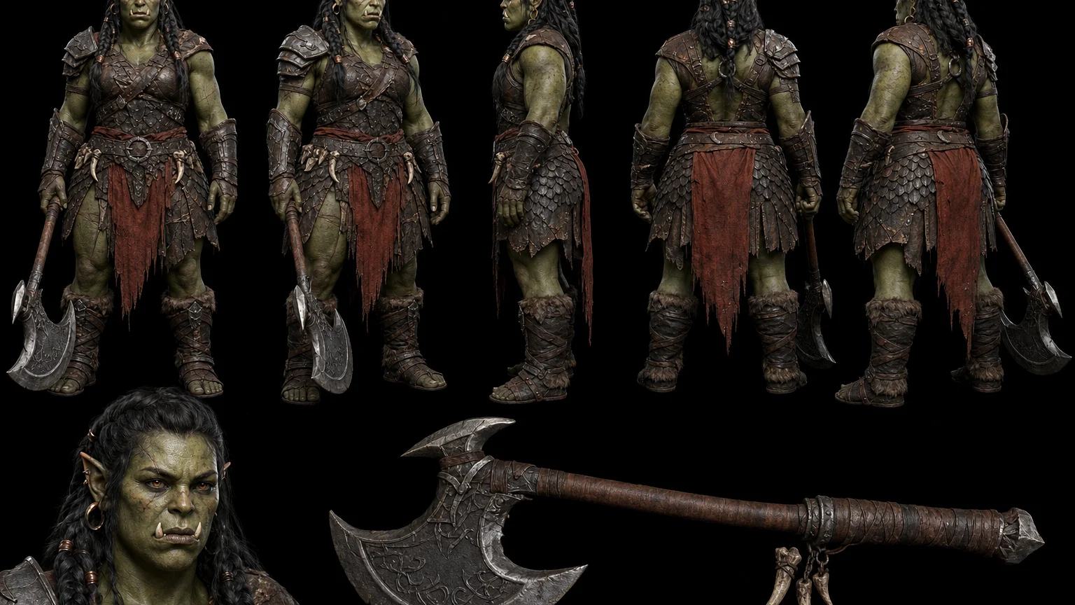 AI Orc Character Reference Sheet 01 - Female Orc - 16:9