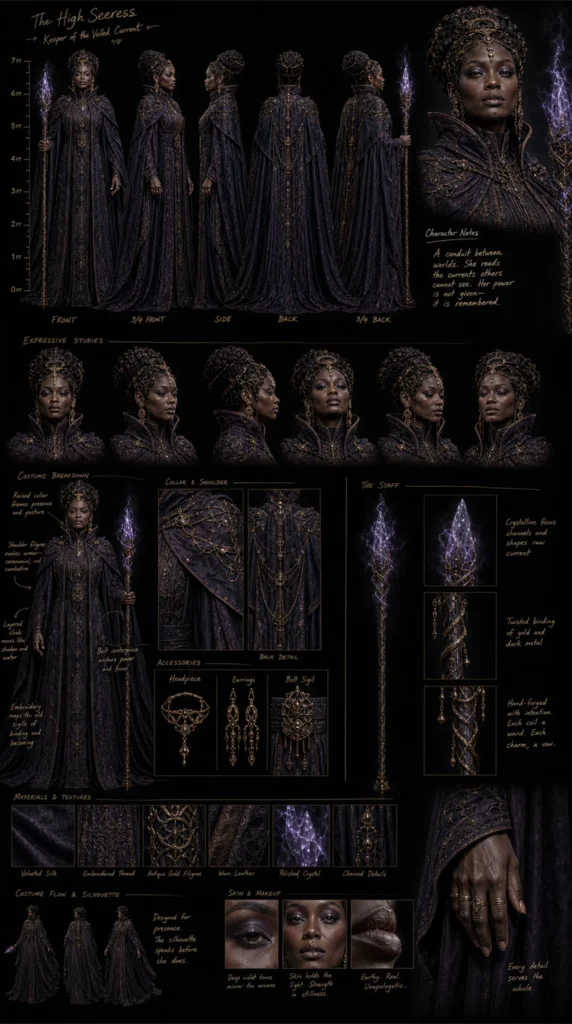 Cinematic AI witch character design sheet 01 with turnaround views and costume details