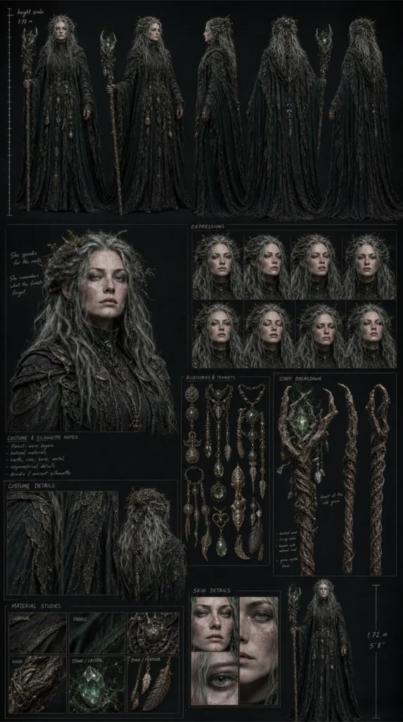 Cinematic AI witch character design sheet 02 with turnaround views and costume details