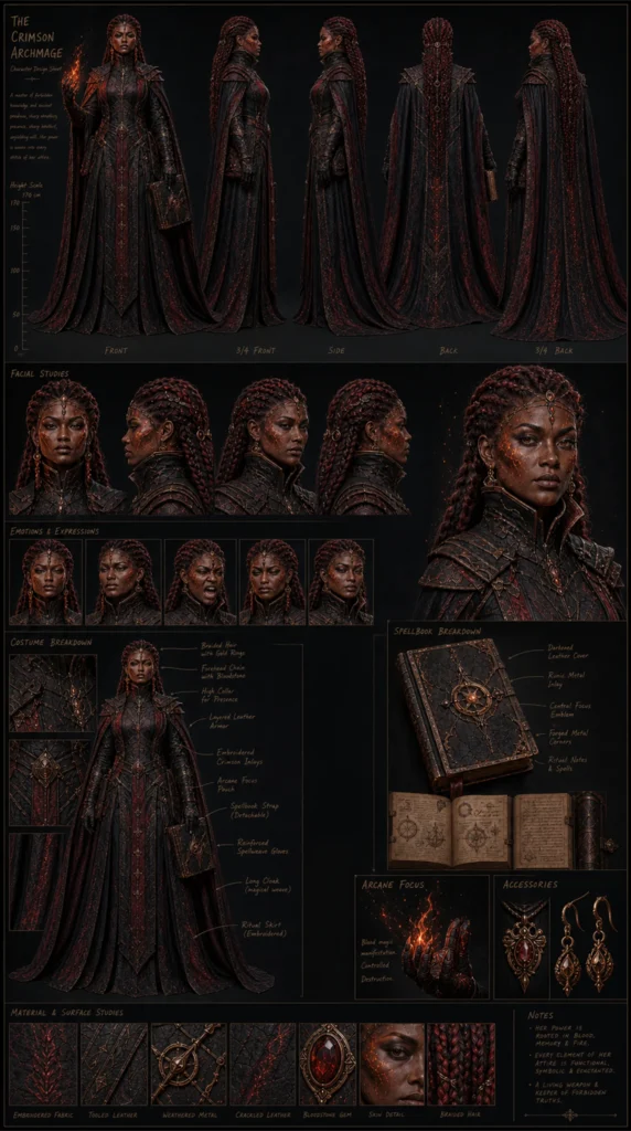 Cinematic AI witch character design sheet 03 with turnaround views and costume details