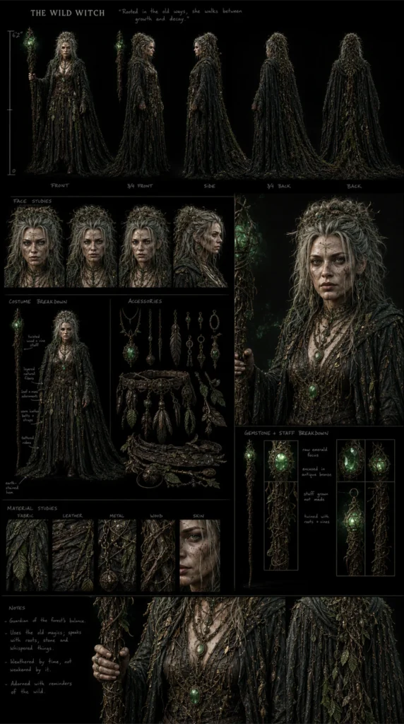 Cinematic AI witch character design sheet 04 with turnaround views and costume details