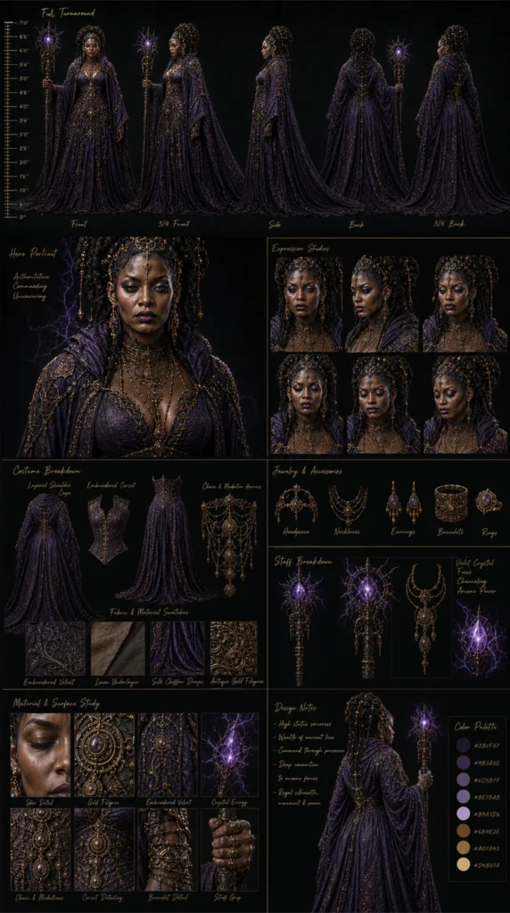 Cinematic AI witch character design sheet 05 with turnaround views and costume details