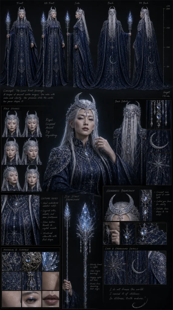 Cinematic AI witch character design sheet 06 with turnaround views and costume details