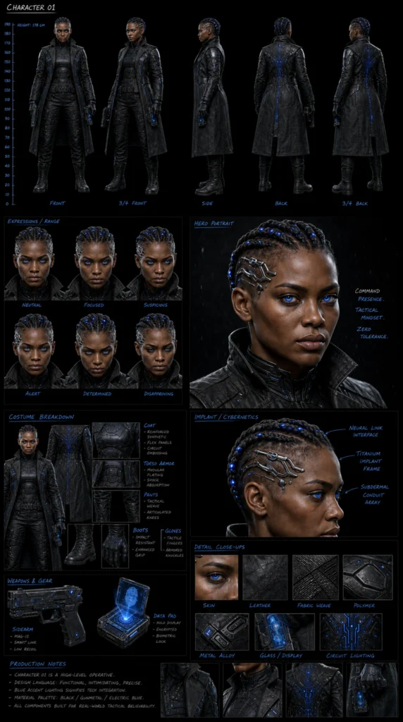 Cinematic Cyberpunk Character Sheet 01 - Female